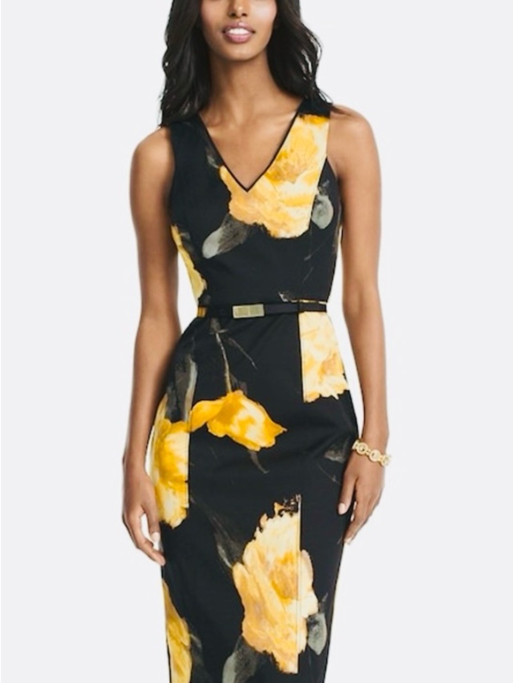 White House Black Market Black Midi Dress with Yellow Floral Print,  NWT $170